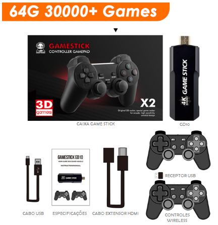 Vídeo Game Stick GD10 Retrô Ultra 4K 64GB + 2 Controles sem Fio (com mais de 30.000 jogos)